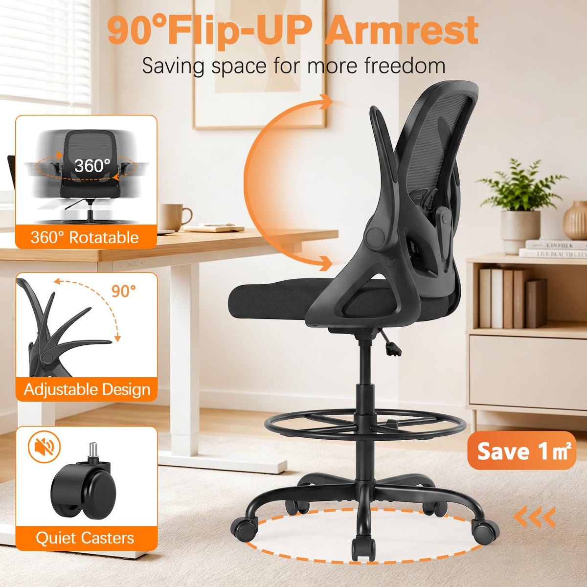 ORRSAKER Drafting Chair, Tall Office Chair with Flip-up Arms, Mesh Ergonomic Computer Standing Desk Chair with Adjustable Height Foot Ring and Lumbar Support, 300 LBS Capacity, Black