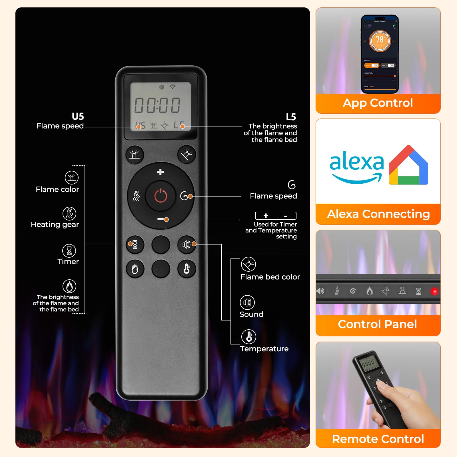 R.W.FLAME 50" Recessed and Wall Mounted Smart Electric Fireplace, Alexa/WiFi Enabled, APP Control with Multiple Sound Modes, Adjustable Flame Colors and Speed, Available with Log & Crystal Options