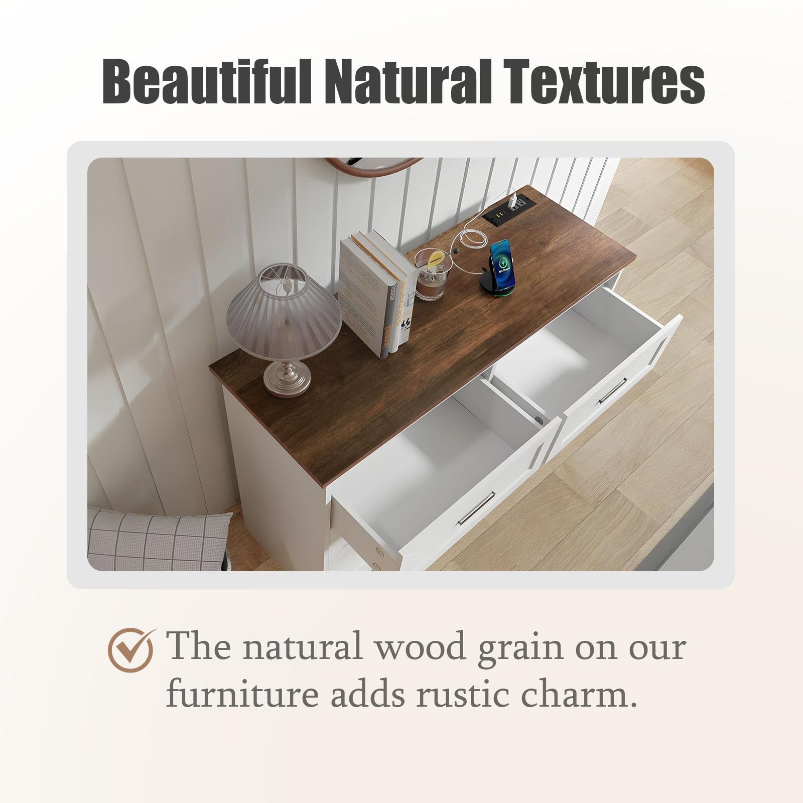 GEPELCN Farmhouse Dresser for Bedroom 6 Drawers Dresser with Power Outlets Rustic Chest of Drawers with Natural Texture White Organizer for Living Room Hallway