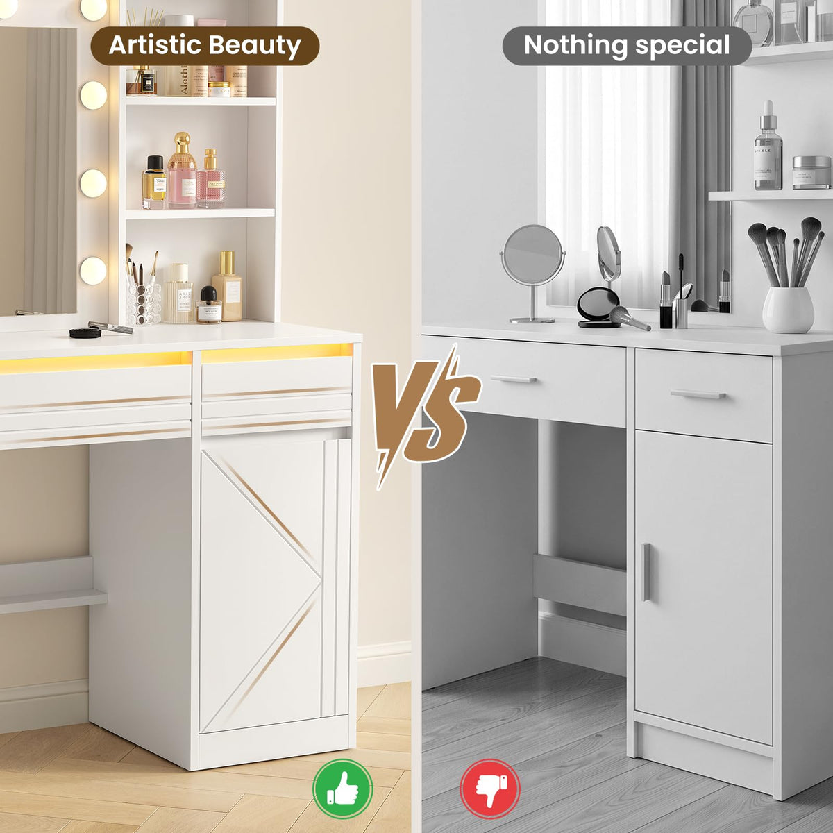 White Modern Makeup Vanity Desk with Mirror, LED Light & Removable Bulb