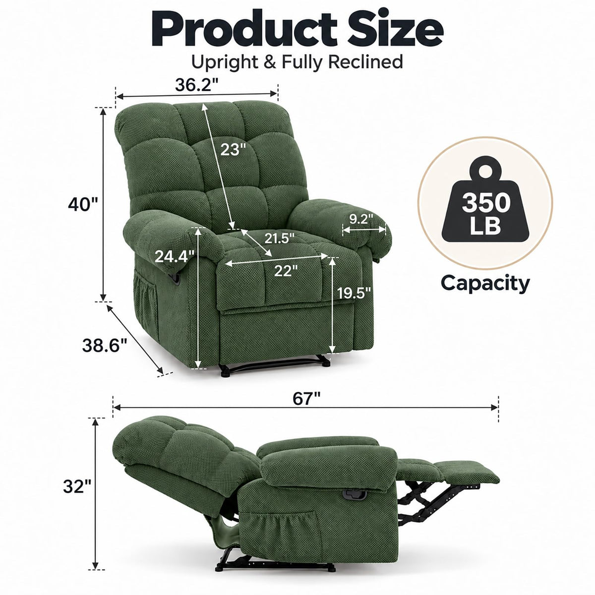 Recliner Chairs for Adults, Ergonomic Indoor Lounge Chairs (Army Green)