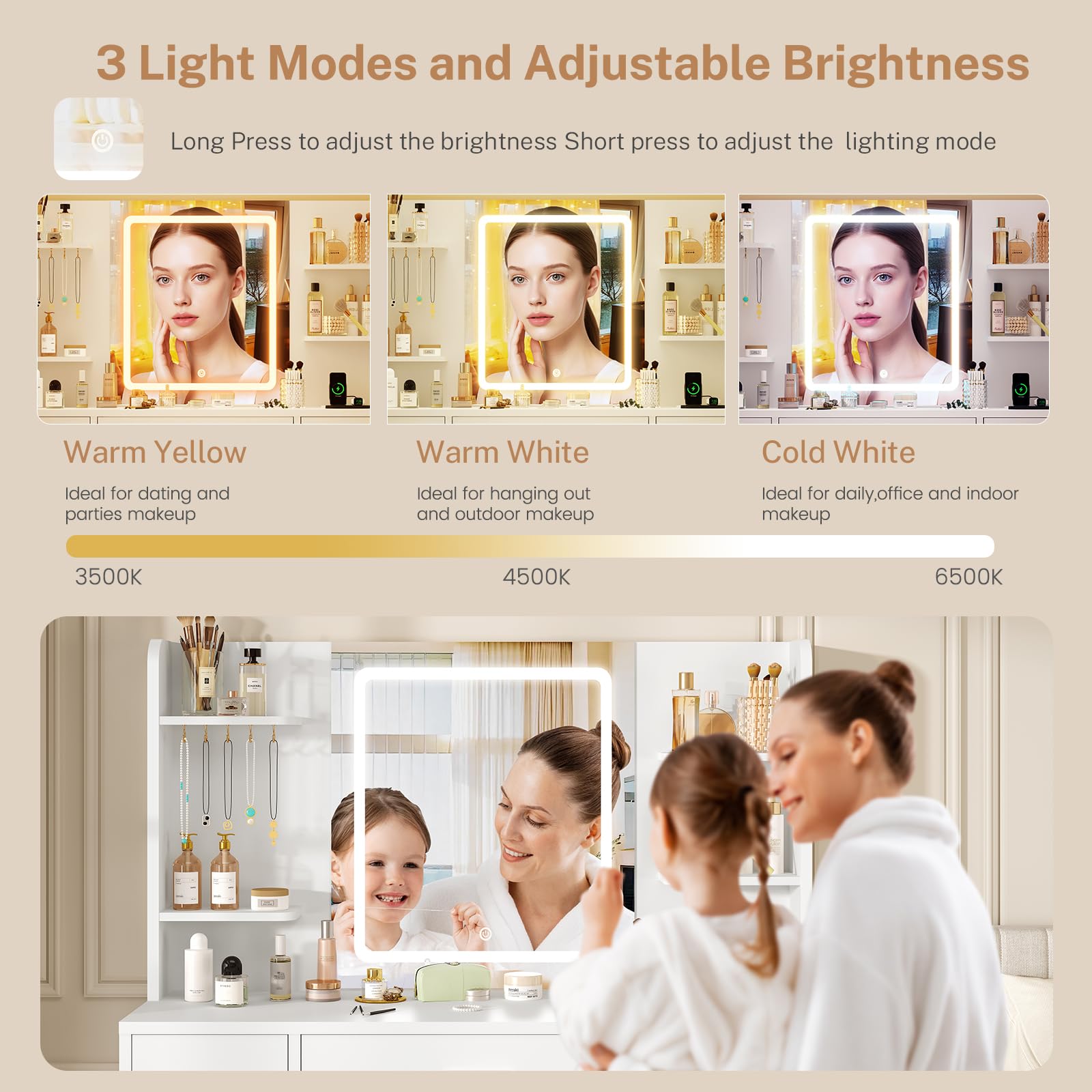 FIONESO Large Vanity Desk with LED Lighted Mirror & Power Outlet, Makeup Vanity Table with 7 Drawers,4 Shelves and 5 Hooks, White Vanity for Bedroom, Bathroom
