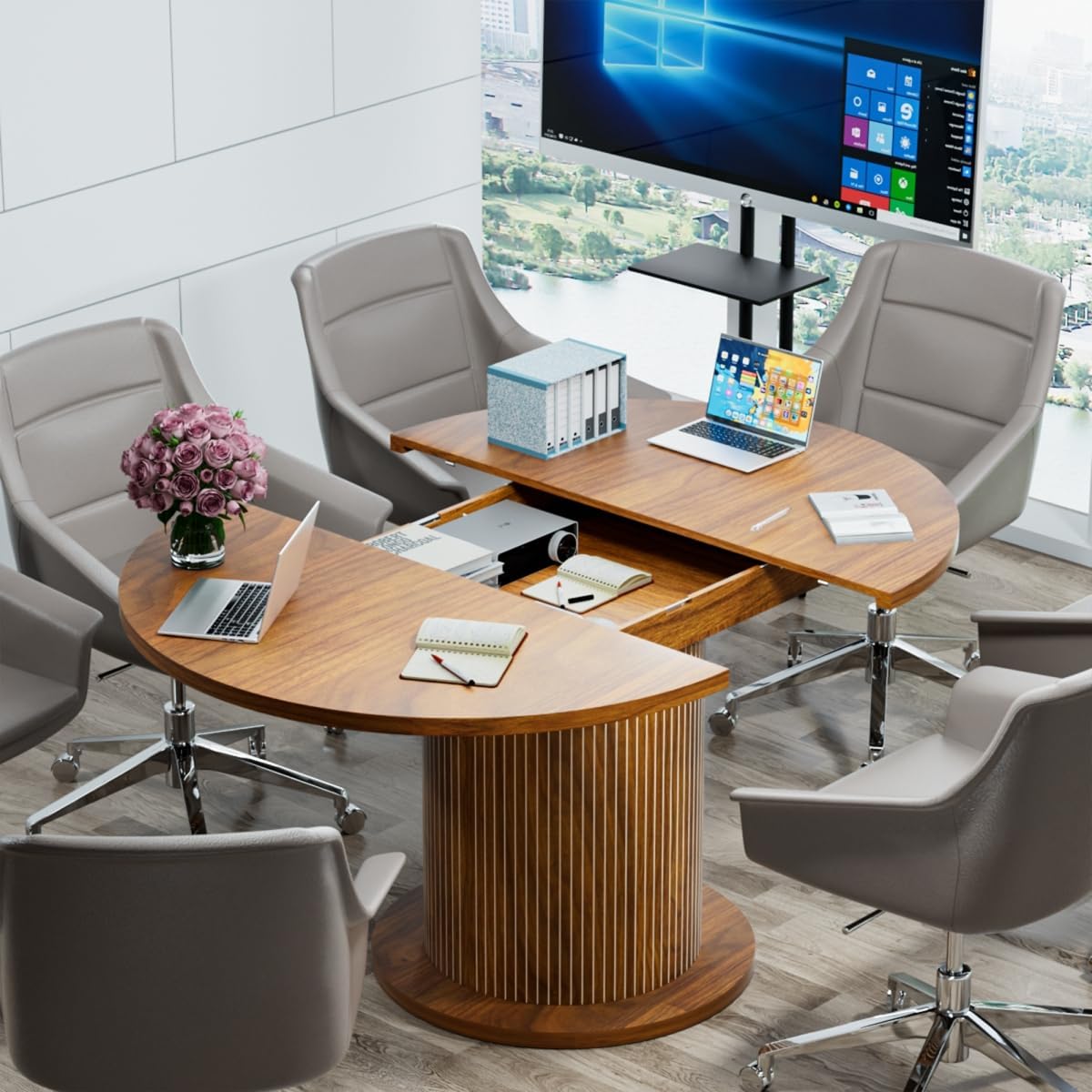43.3 inch 59 inch Adjustable Size Round Conference Table for 4-6 People, Unique Design Modern Meeting Room Table, with Wood Strip Base (Walnut)