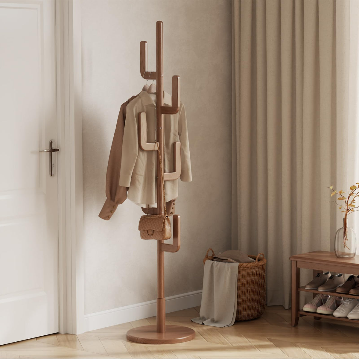 Walnut Solid Wood Cactus Coat Rack with 6 Hooks