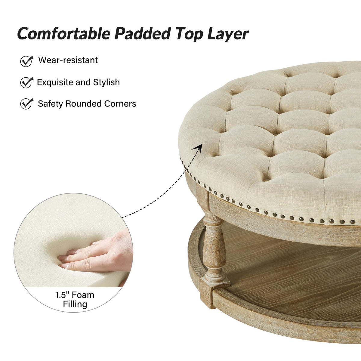 HULALA HOME Large Round Ottoman Coffee Table, 2-Tier Oversized Button Tufted Ottoman, with Wood Shelf Storage Farmhouse Upholstered, Coffee Table for Living Room Footrest, Linen