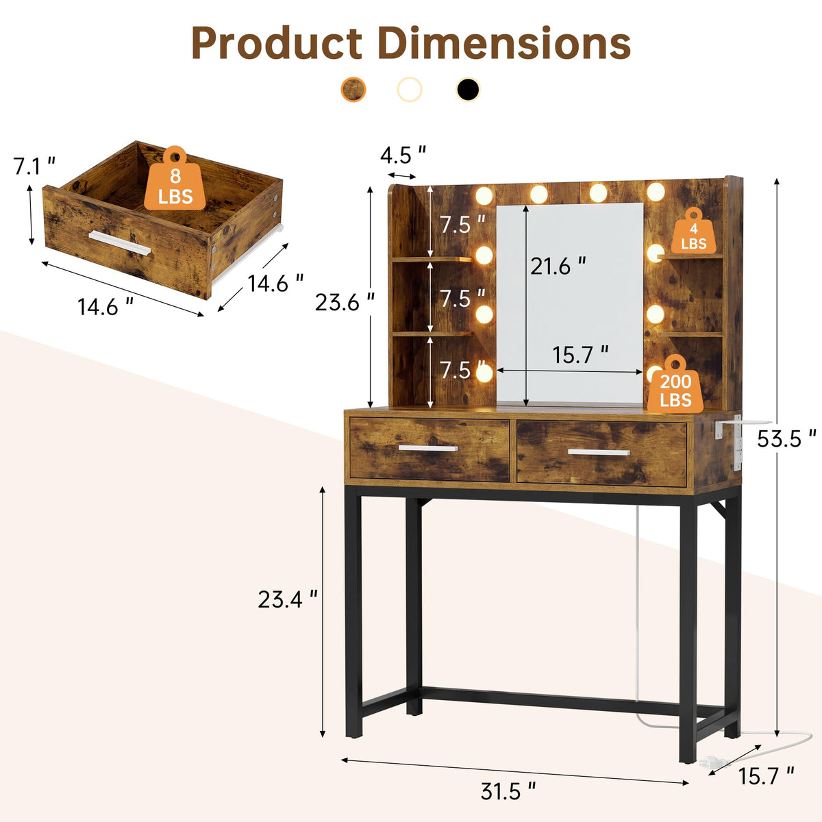 YESHOMY 31.5" Small Makeup Vanity Desk with Lighted Mirror, Rustic Brown