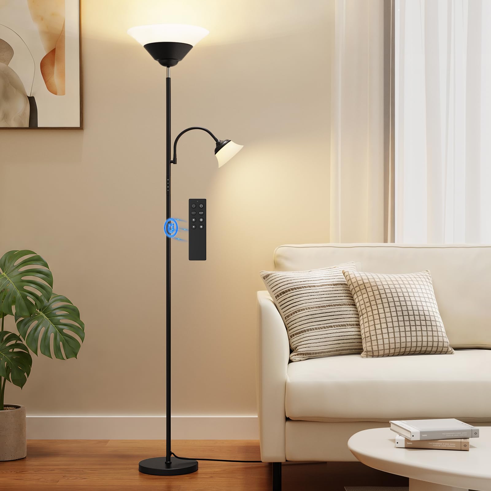 SIBRILLE 2-in-1 Torchiere Floor Lamp, 34W Super Bright LED Standing Lamp with Remote & Touch Control, 72" Dimmable Adjustable Corner Reading Lamp for Living Room, Bedroom, Office, Black