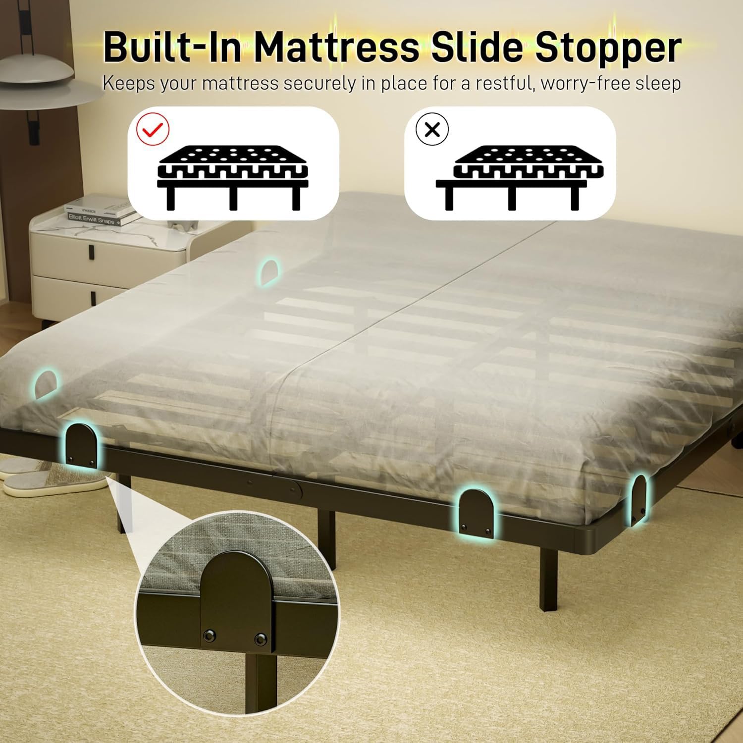 qimamo Floating Queen Bed Frame, 14 Inch Metal Platform Bed with Smart LED Lights & Charging Station, Easy Assembly, No Box Spring Needed