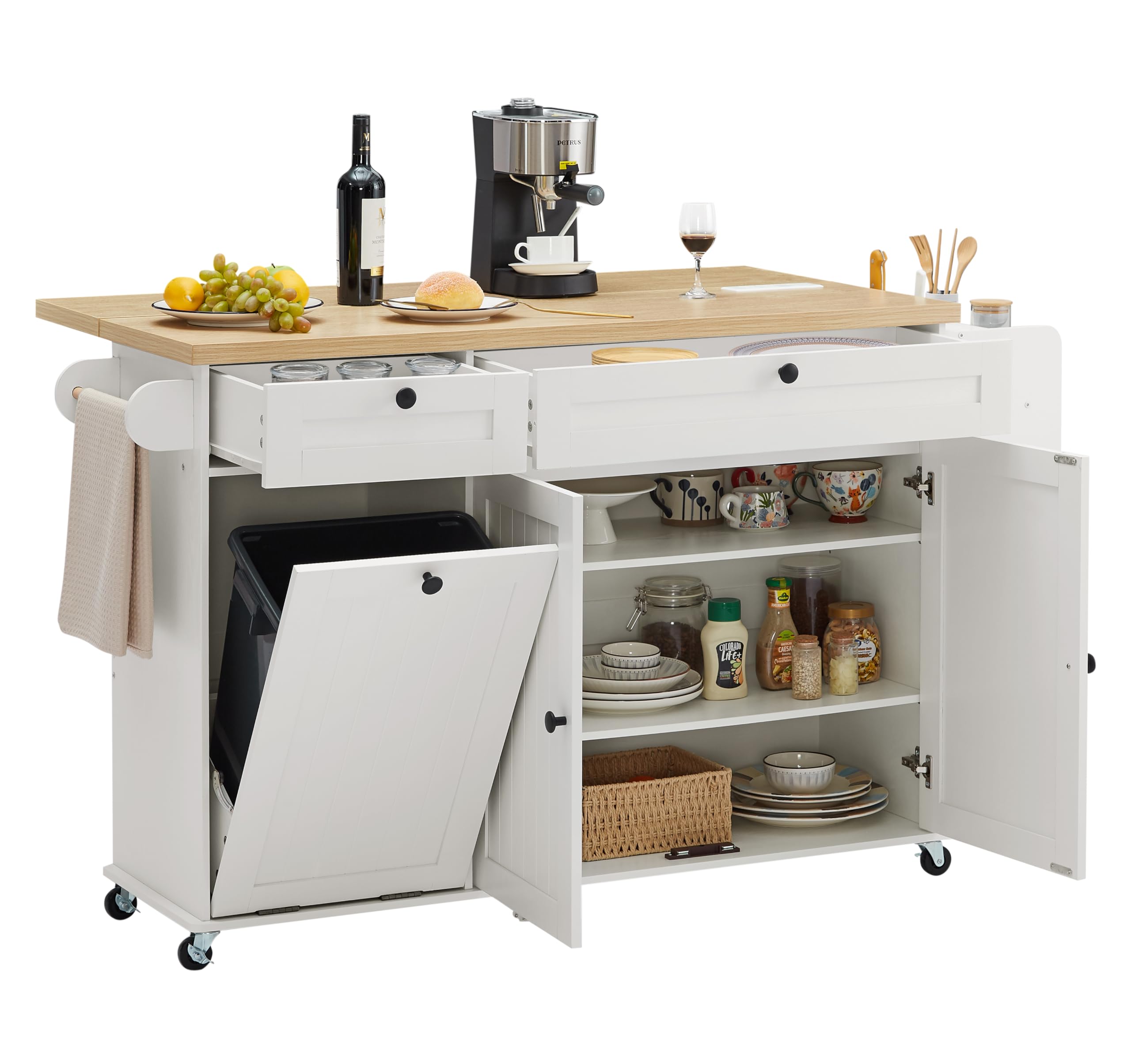 60" Rolling Kitchen Island with Power Outlet & Drop Leaf
