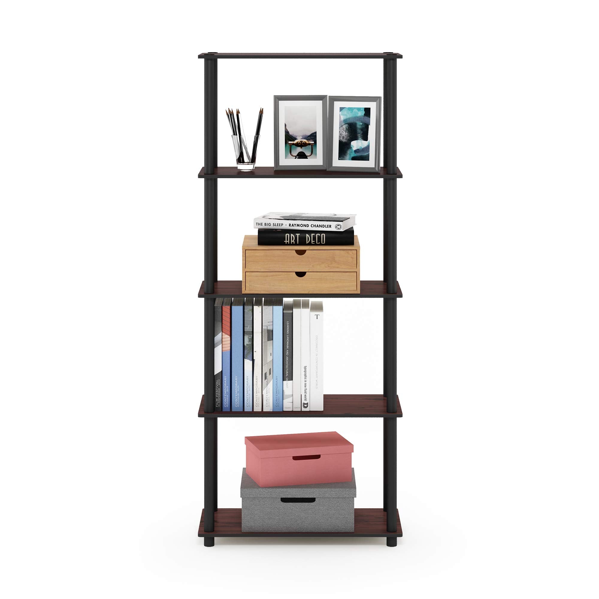Furinno TURN-N-TUBE Storage Shelves, 5-Tier Book Shelf, Corner Shelf, Toolless Open Shelves, for Organization and Storage, Living Room, Garage, Home Office, Dark Cherry