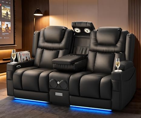 Power Loveseat Recliner Sofa with Console, Wall Hugger Reclining Loveseat with Reading Light, Home Theater Seating with LED Lights, Zero Gravity Recliner Couch for RV Couch and Living Room