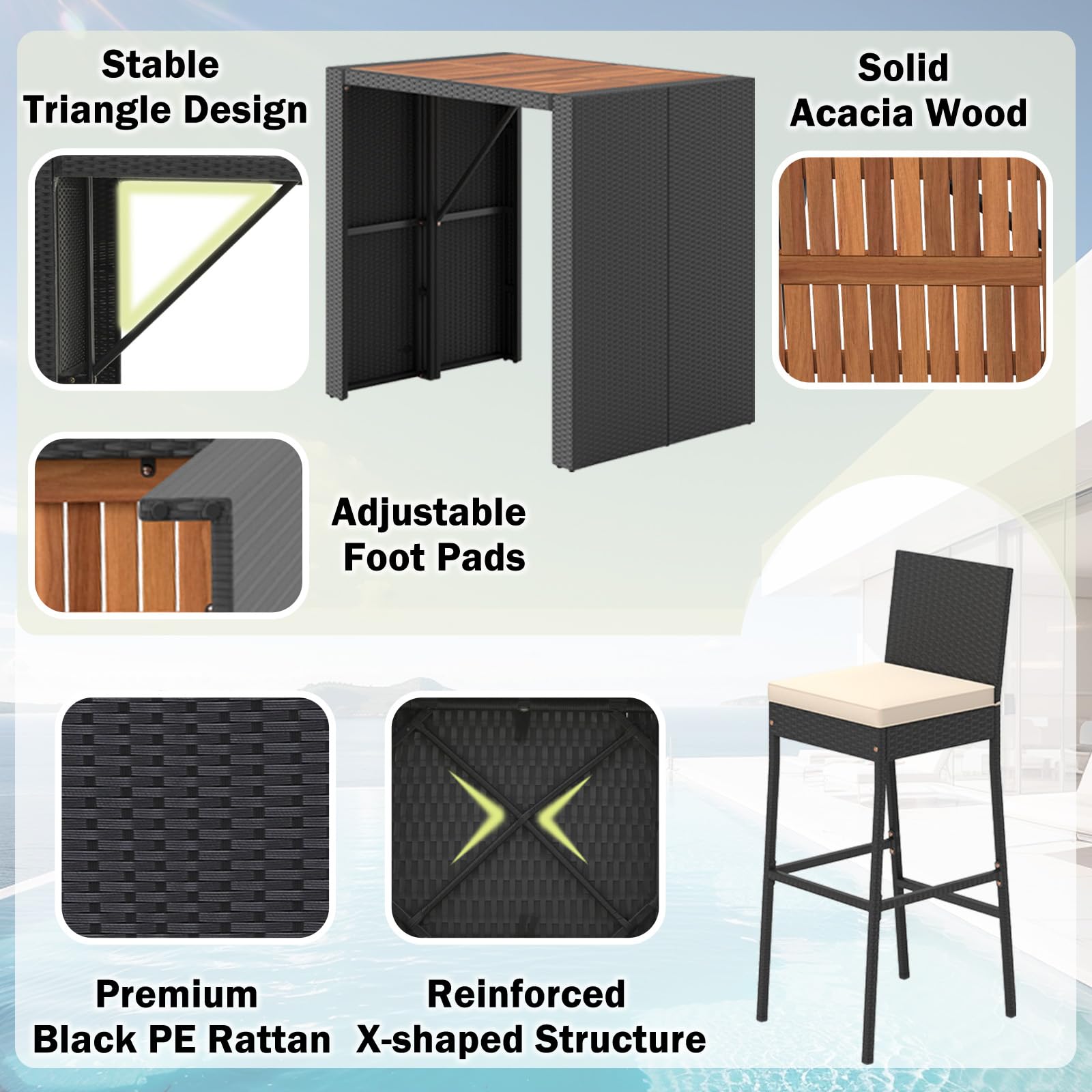 RELAX4LIFE 5-Piece Outdoor Bar Set - Wicker Rattan Bar Height Dining Table w/Acacia Wood Top & 4 Bar Stools Chairs w/Seat Cushions, Backrest, Footrest, Outside Patio Bistro Set for Backyard (47.5'')