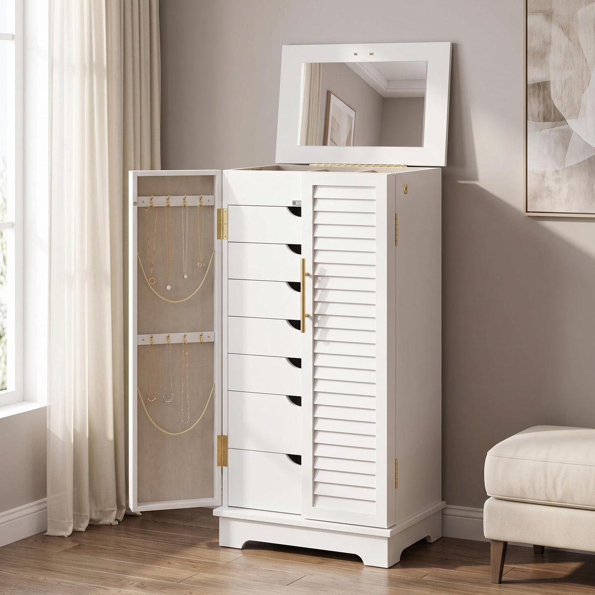 Hives and Honey Porsha Jewelry Armoire – Fully Locking with Mirror, 7 Drawers, Necklace Hooks & Ring Storage – Solid Wood Veneer, Anti-Tarnish Lining – White