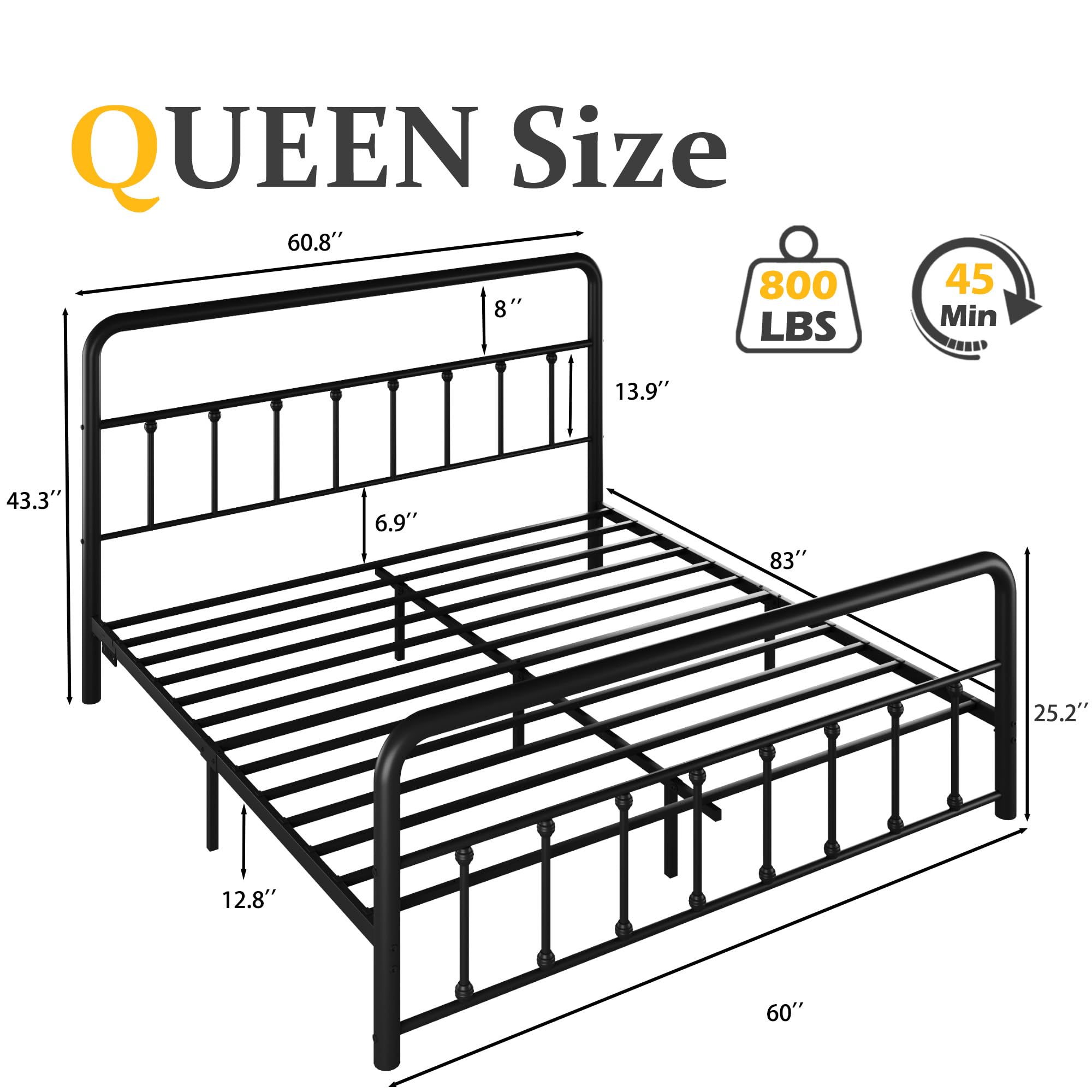 Queen Bed Frame with LED Headboard & Charging Station