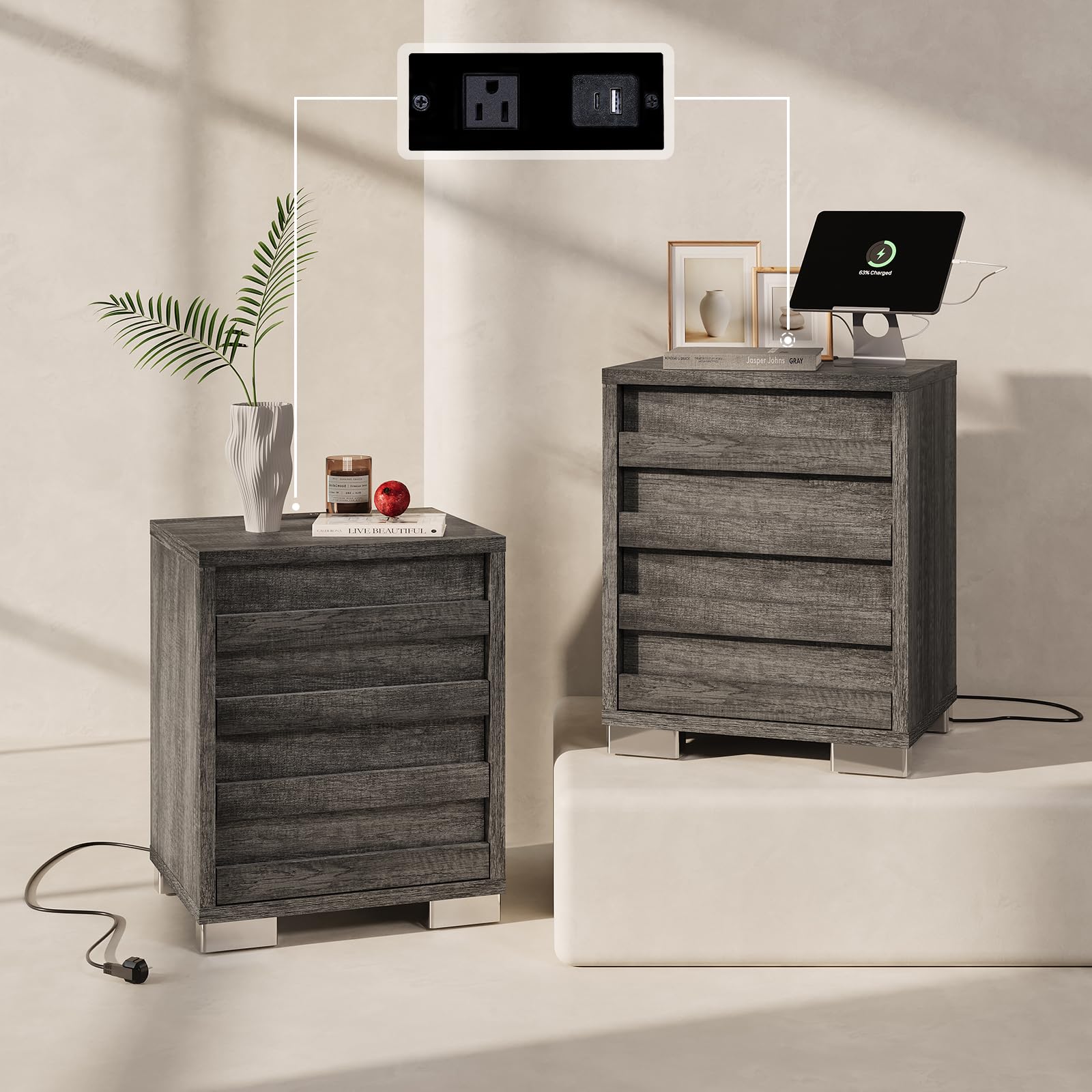 LUXOAK End Table Set of 2 with Charging Station, Farmhouse Side Table with Slated Handles, Nightstands with Stainless Steel Feet for Bedroom & Living Room, Rustic Grey