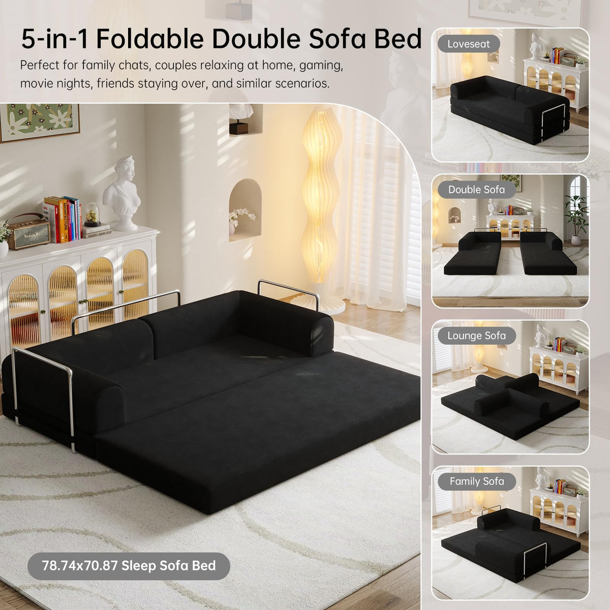 79” Convertible Sofa Bed, 35D High-Density Foam&Corduroy Fabric Sleeper Couch Bed, Fixed-Shape Frame & Removable Armrests,Modular Folding Small Loveseat Futo, Sectional Couch for Small Spaces (Black)