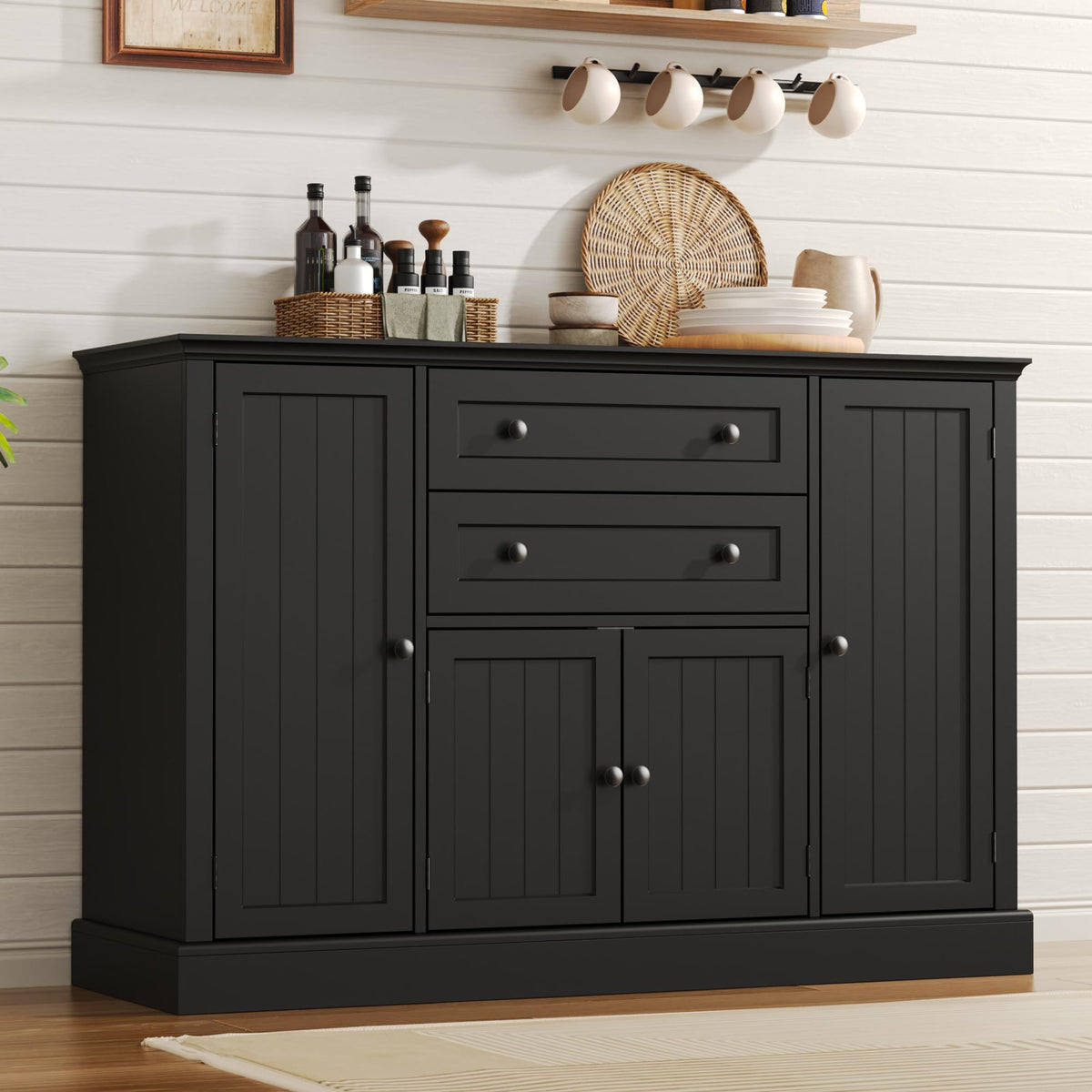 DecoFurn Farmhouse 47" Buffet Cabinet with Storage,Large Sideboard Buffet with Drawers and Adjustable Shelves, Rusitc Coffee Bar Cabinet for Kitchen, Black