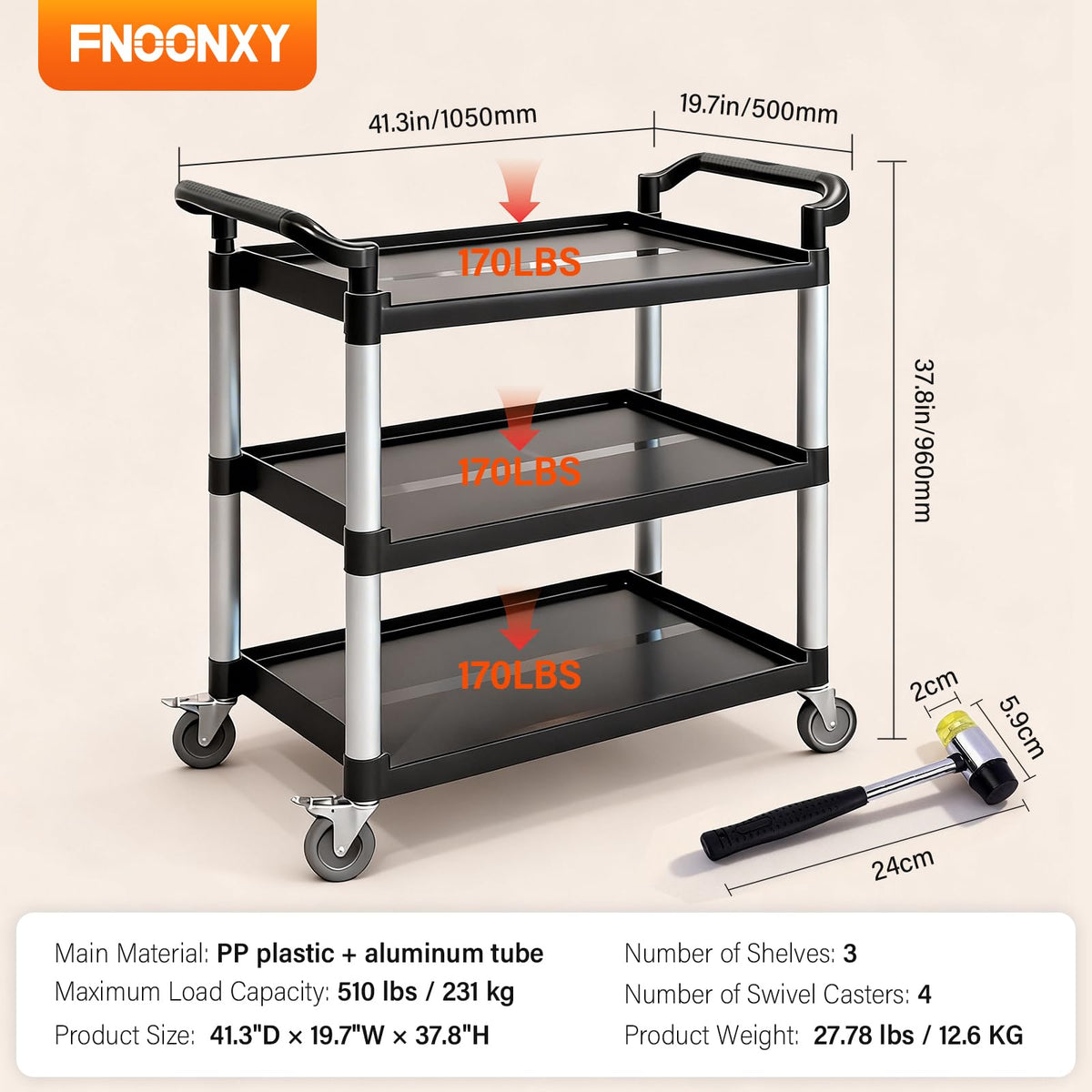 FNOONXY Plastic Commercial Cart Large Size, Restaurant Cart with Wheels Lockable, Heavy Duty Utility Service Cart for Foodservice, Commercial,Office, Warehouse, Black, Load Capacity 510 lbs (231 kg)