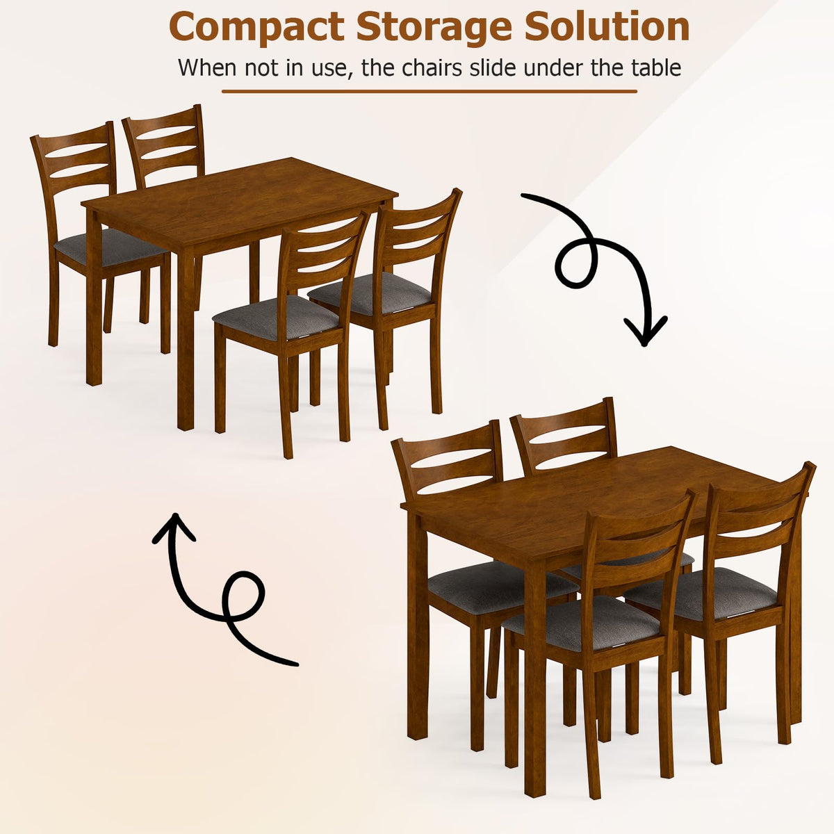 GIANTEX Dining Table Set for 4, Rectangular Kitchen Table Set w/ 4 Upholstered Chairs & Solid Rubber Wood Frame, Space-Saving Farmhouse Dinette Set for Small Space, Dining Room, Breakfast Nook