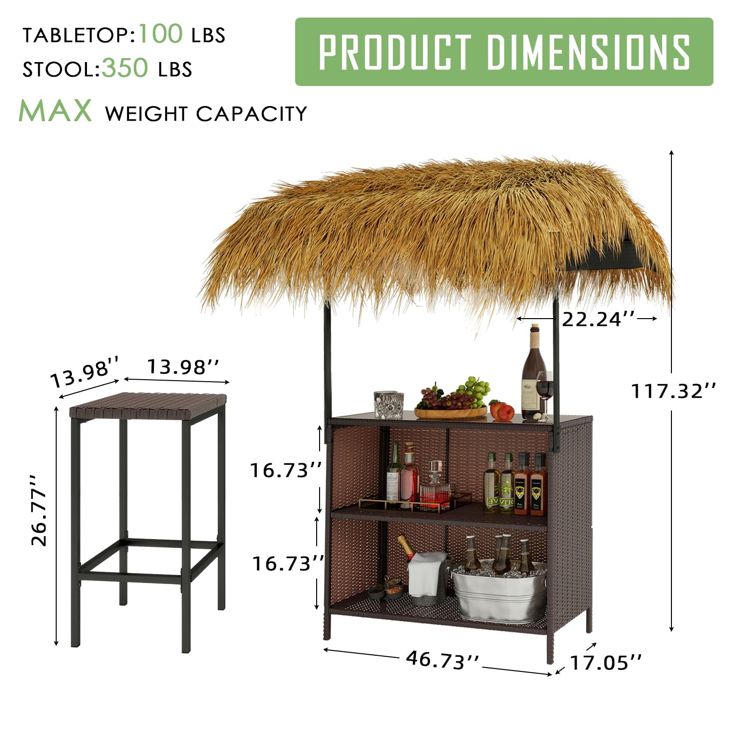 Vikiullf Outdoor Tiki Bar Set, 3 Pieces Wicker Patio Bar Set with Height Stools, Wicker Islander Tiki Bar and 2 Stools Storage for Garden