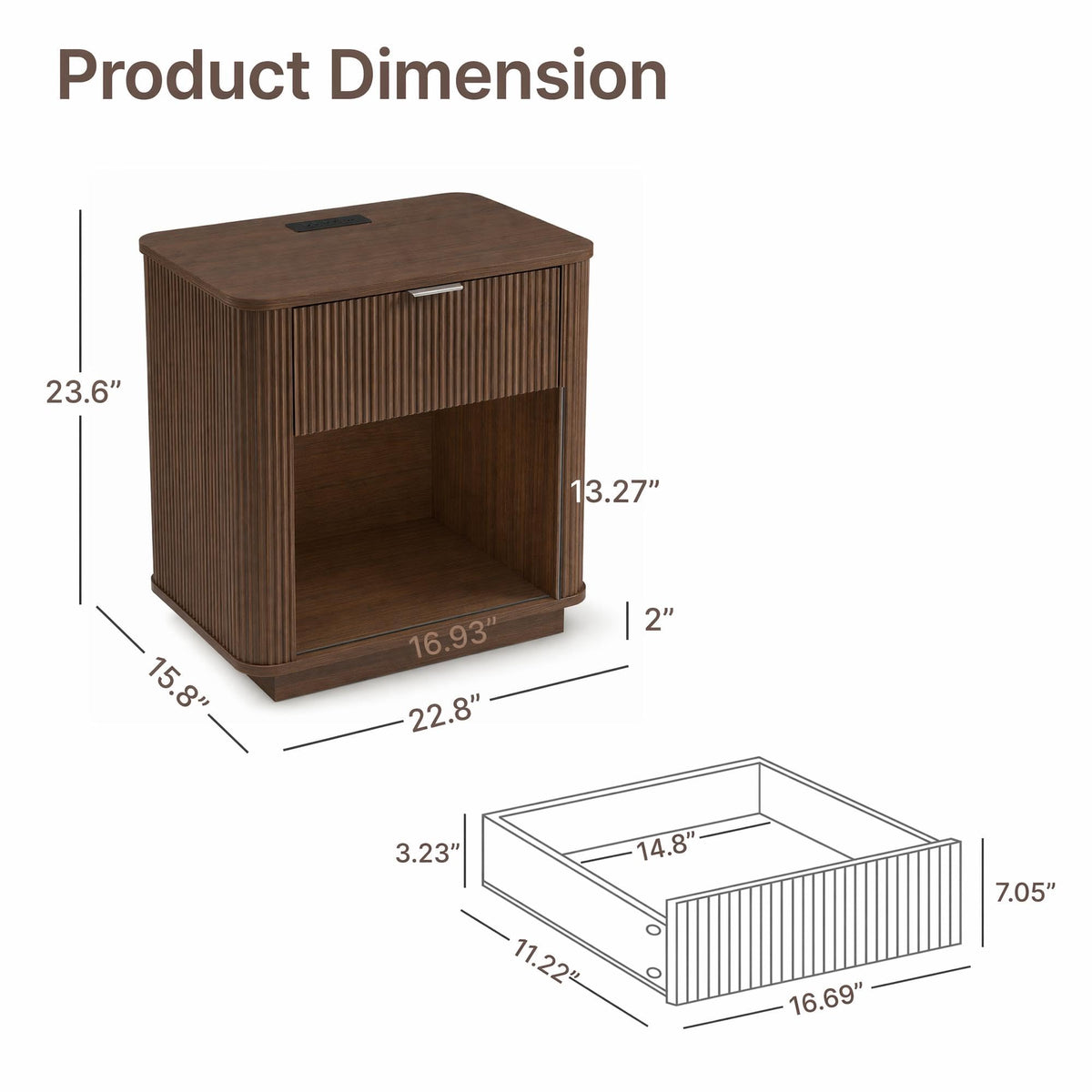 KISLOT 23'' Fluted Nightstand Set of 2 w/Charging Station,Drawers,Walnut