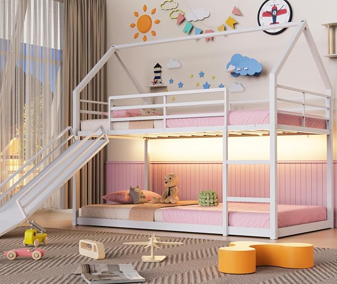 Twin Bunk Bed with Slide & LED Lights