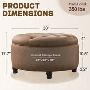 MIQMICMIK 30-Inch Round Storage Ottoman, Button Tufted Ottoman Coffee Table with Removable Top for Living Room, Bedroom, Office (Cognac Tan)