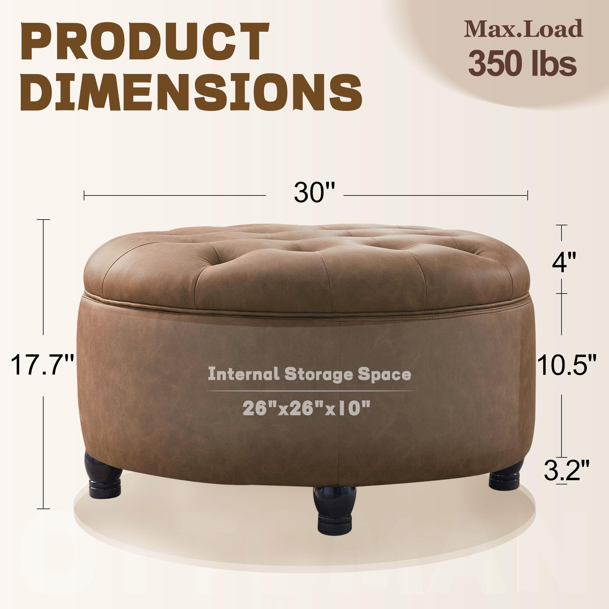 MIQMICMIK 30-Inch Round Storage Ottoman, Button Tufted Ottoman Coffee Table with Removable Top for Living Room, Bedroom, Office (Cognac Tan)