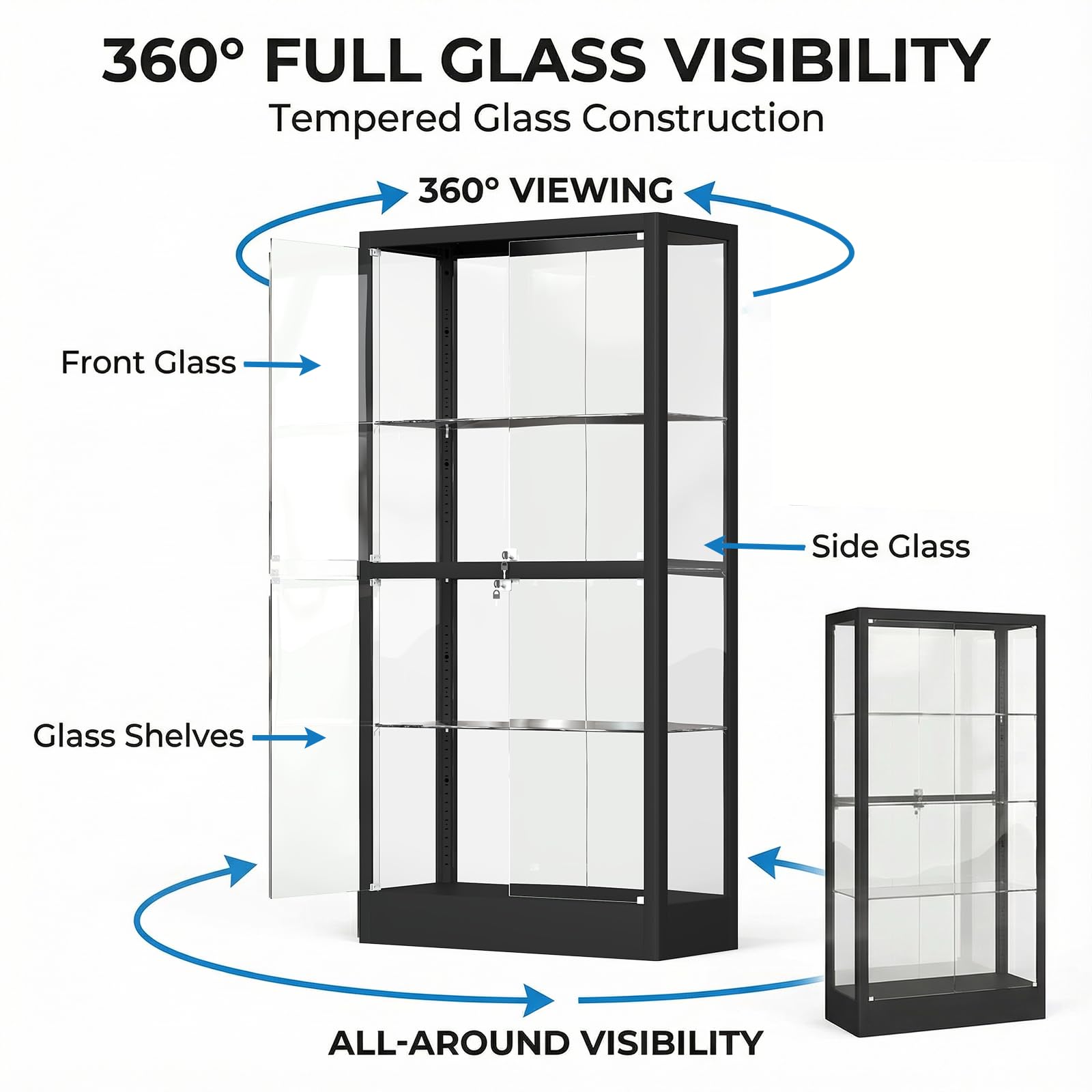 4-Tier Glass Display Cabinet with LED Lights & Lock