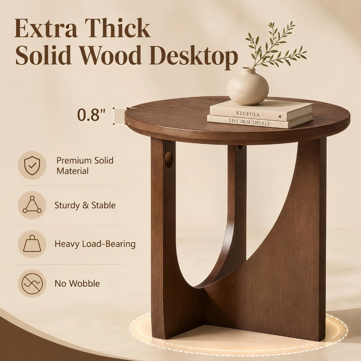 GSSDEE 100% Solid Wood Round Side Table Set of 2, 19.7'' Walnut Brown Small End Table, Sofa Side Table with Sculptural Curved Base, Minimalist Accent Table for Living Room, Bedroom, Reading Nook