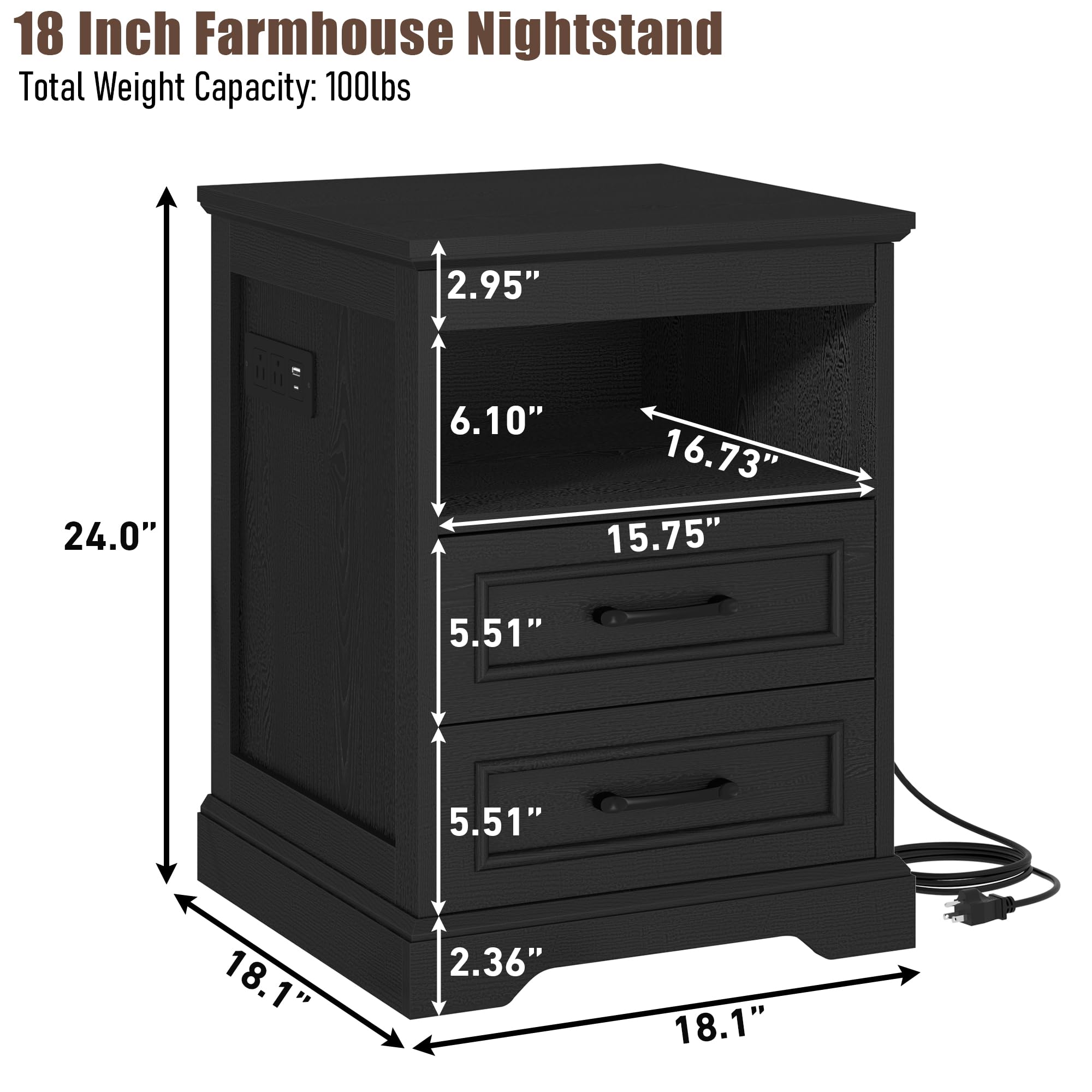 Gadroad 18" Farmhouse Accent Nightstand with Charging Station, End Table with 3 Drawers Storage, Side Table, Bedside Cabinet for LivingRoom Bedroom Office, Black