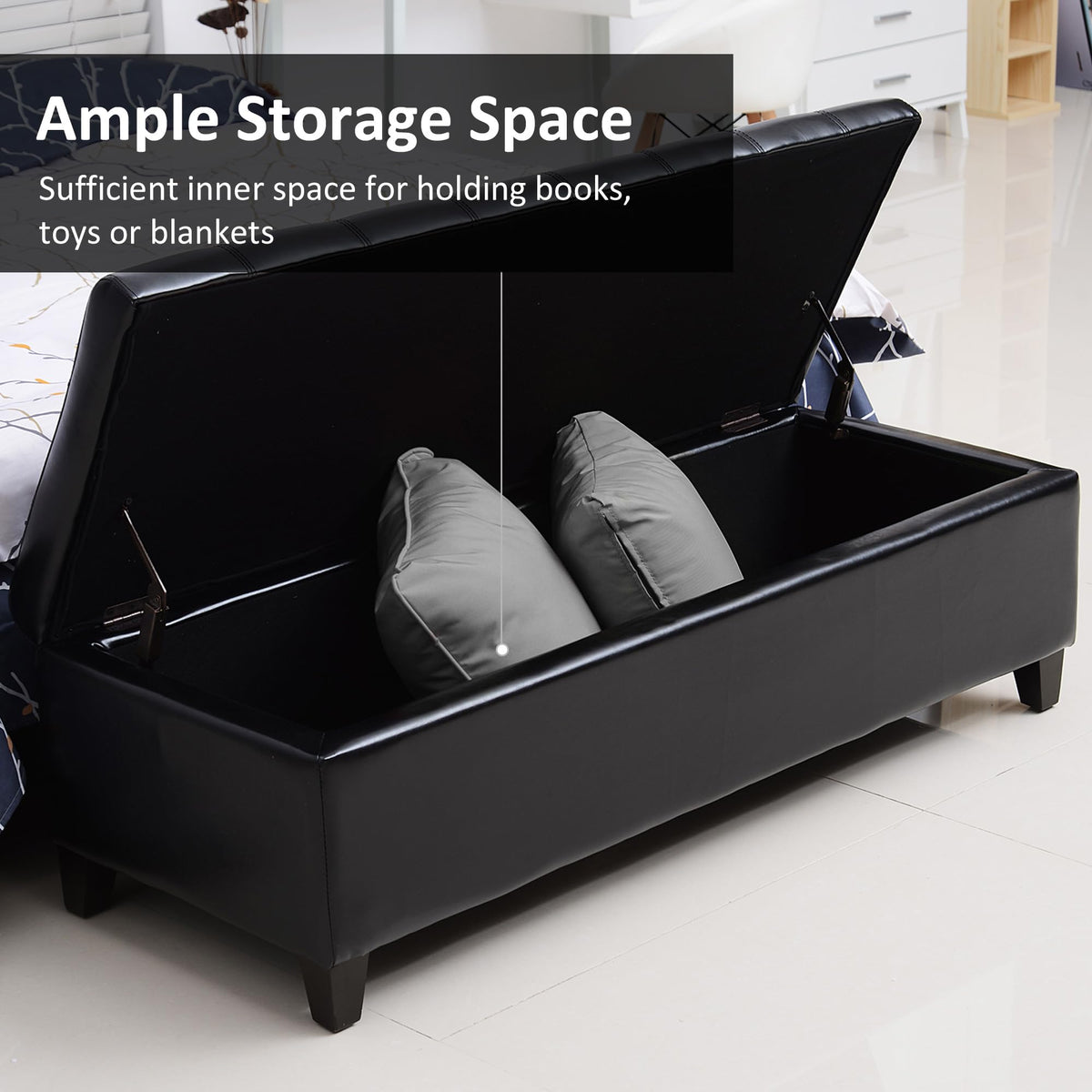 HOMCOM 51" Ottoman Storage Bench, Tufted Bench for End of Bed, Black