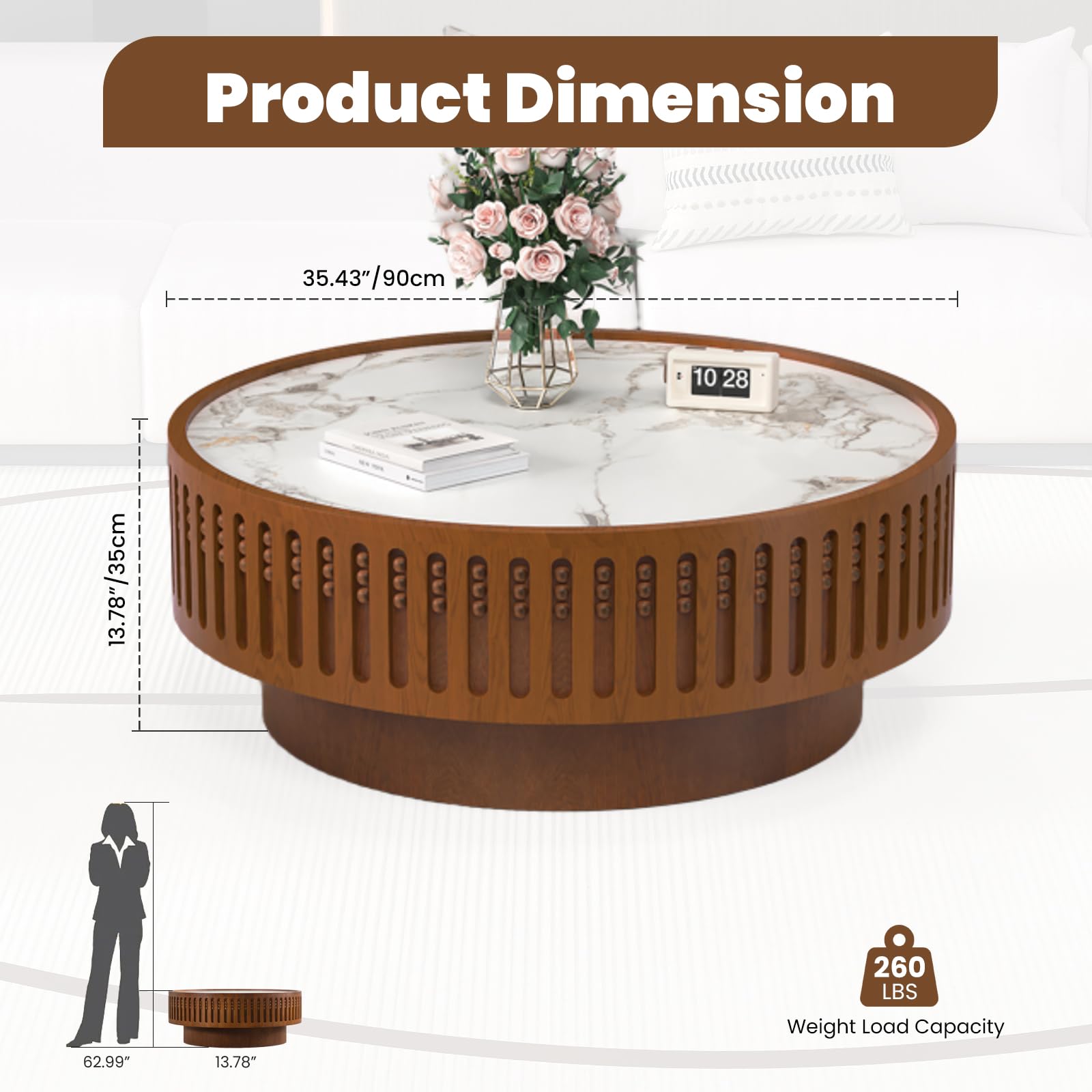 JHKZUDG 35.4" Round Coffee Table with Sintered Stone Tabletop, Wooden Fluted Coffees Table, Circle Accent Center Table for Living Room Apartment Office Small Space (35.4" Coffee Table)