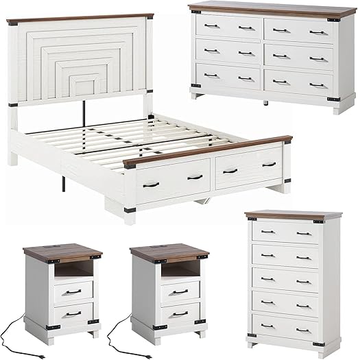 5-Piece Farmhouse Bedroom Set with Charging Nightstands