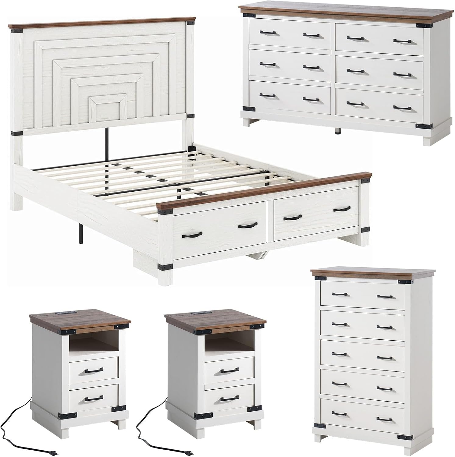 5-Piece Farmhouse Bedroom Set with Storage & Charging
