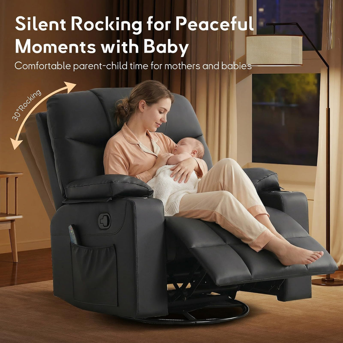 Bonzy Home Oversized Swivel Rocker Recliner, Rocking Recliner Chair, Black