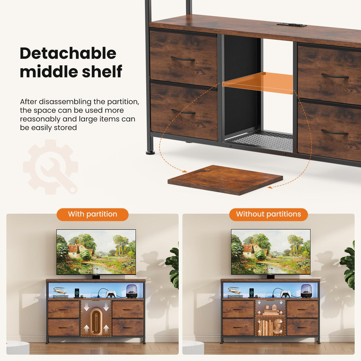 Sweetcrispy TV Stand with LED Lights and Power Outlets for Bedroom