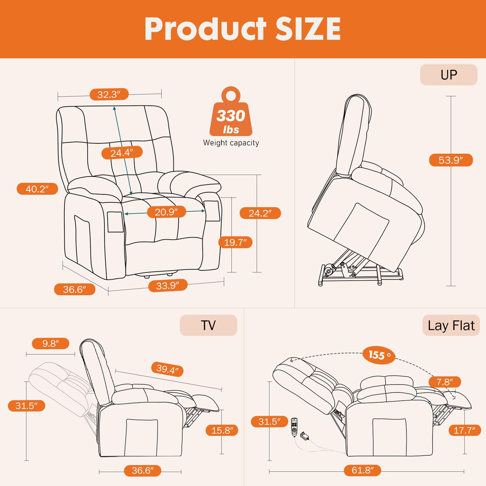 Sweetcrispy Power Lift Recliner Chair with Vibration Massage and Heat for Elderly, Ergonomic Overstuffed Breathable Fabric Reclining Chair with 3 Pockets, Remote Control, Living Room, Light Brown