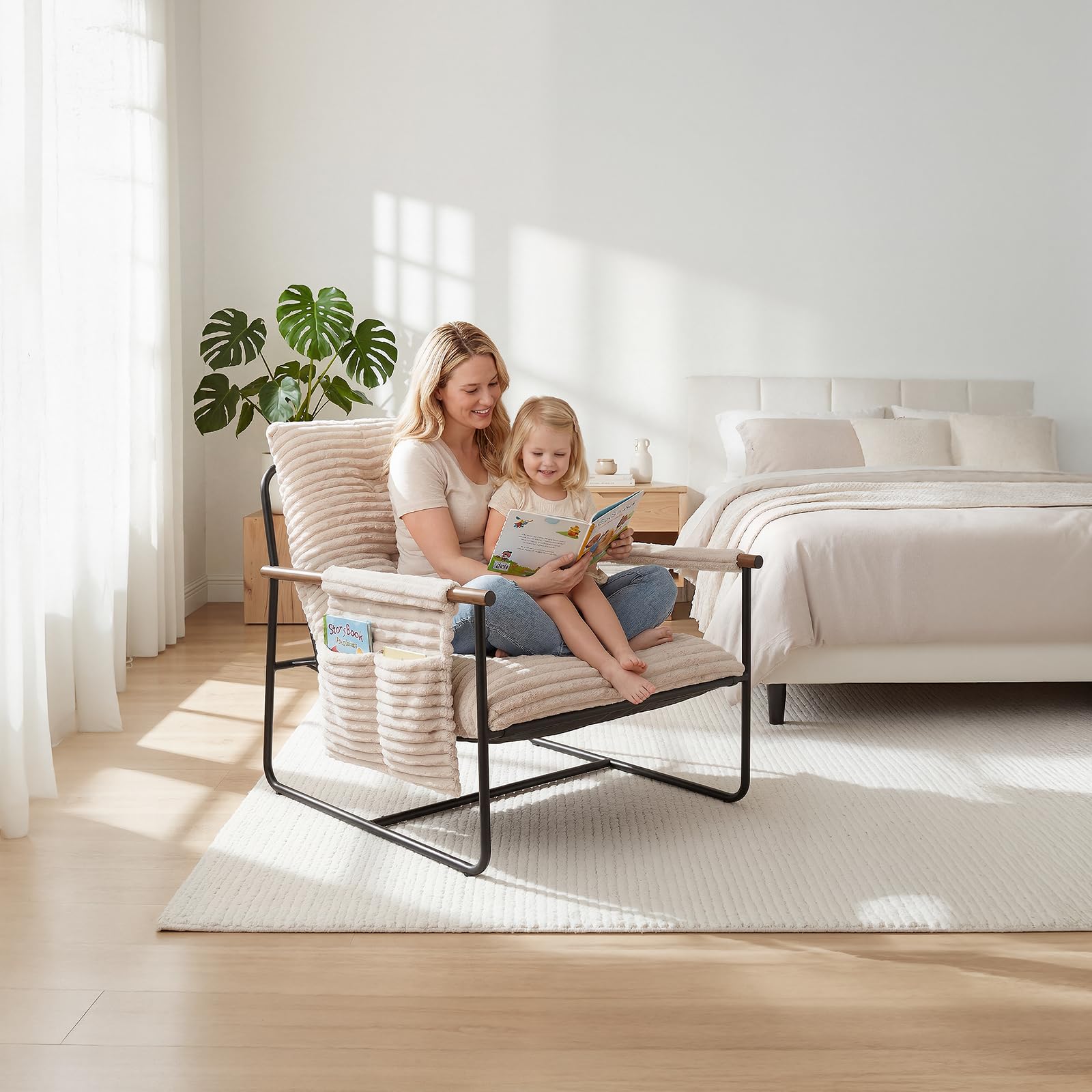 Corduroy Accent Chair with Wood Armrests