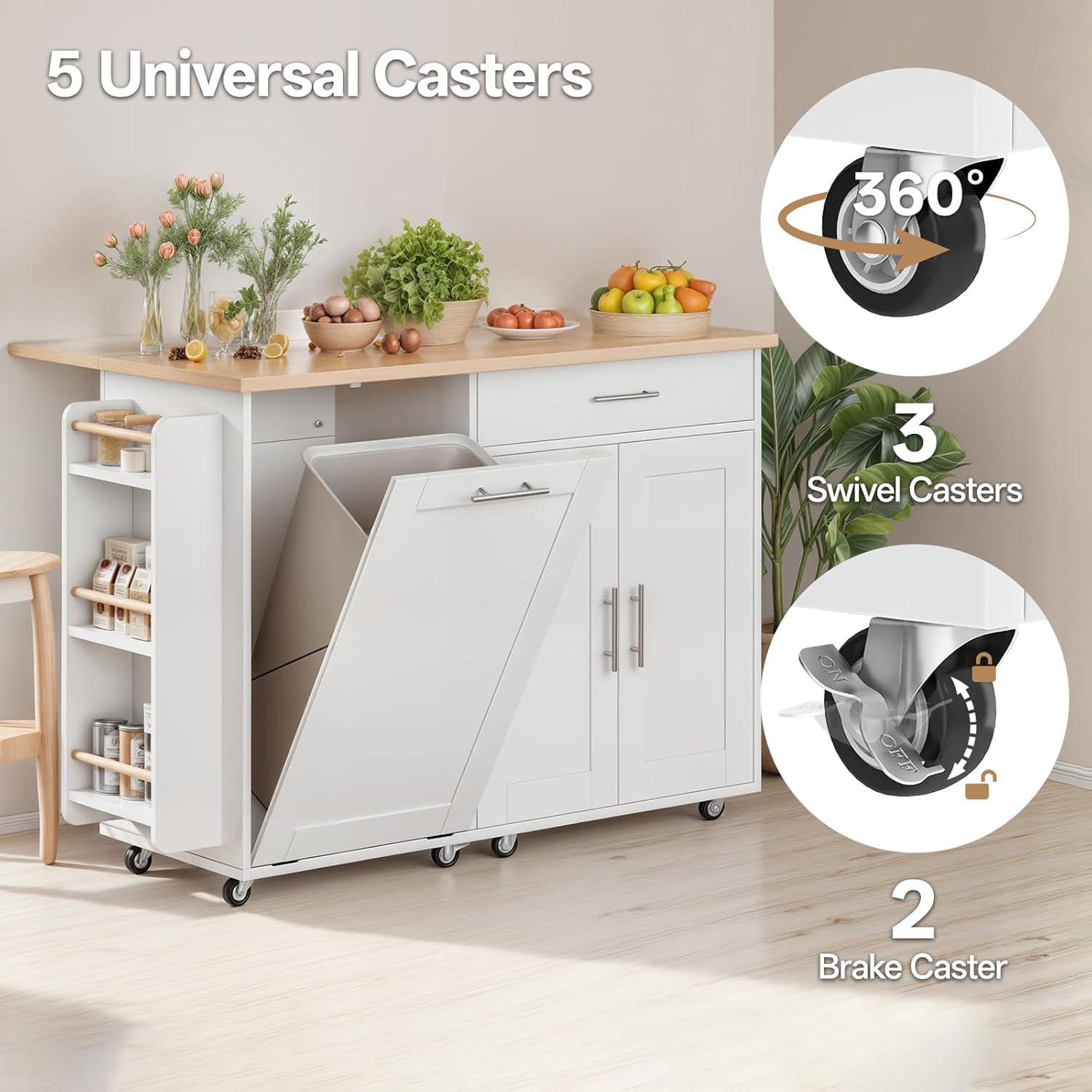 LotaTools 53.9" Rolling Kitchen Island Cart with Drop Leaf & Storage - Mobile Kitchen Organizer with Wheels, Rubberwood Top, Trash Bin Cabinet & Towel Rack, White Farmhouse Style for Small Spaces