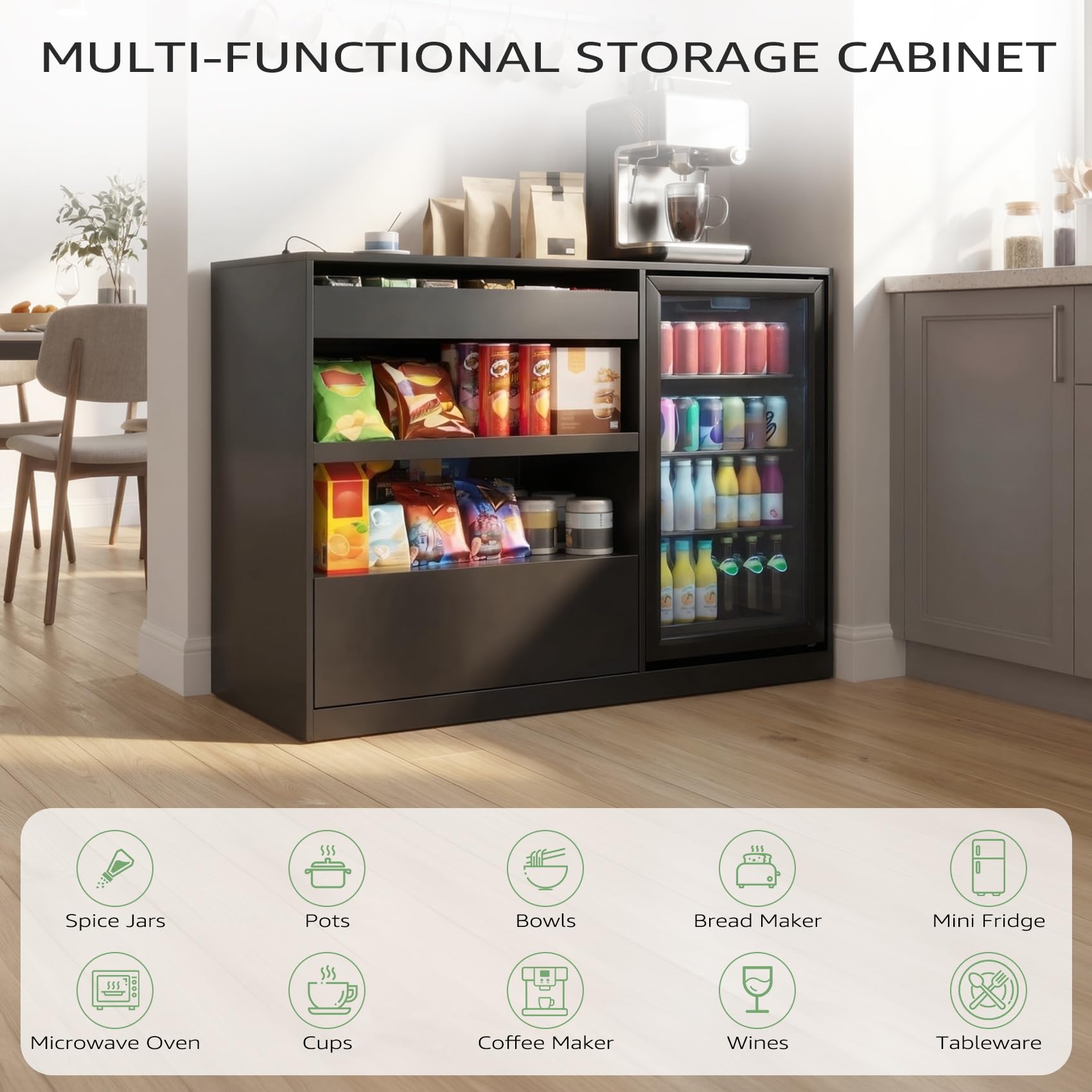 Melidee Snack Bar Cabinet with Fridge Space, Mini Fridge Cabinet with Storage, Coffee Bar Cabinet with Drawer, Power Outlets, Snack Organizer for Home, Movie Room, Game Room, 51.2”L, Black