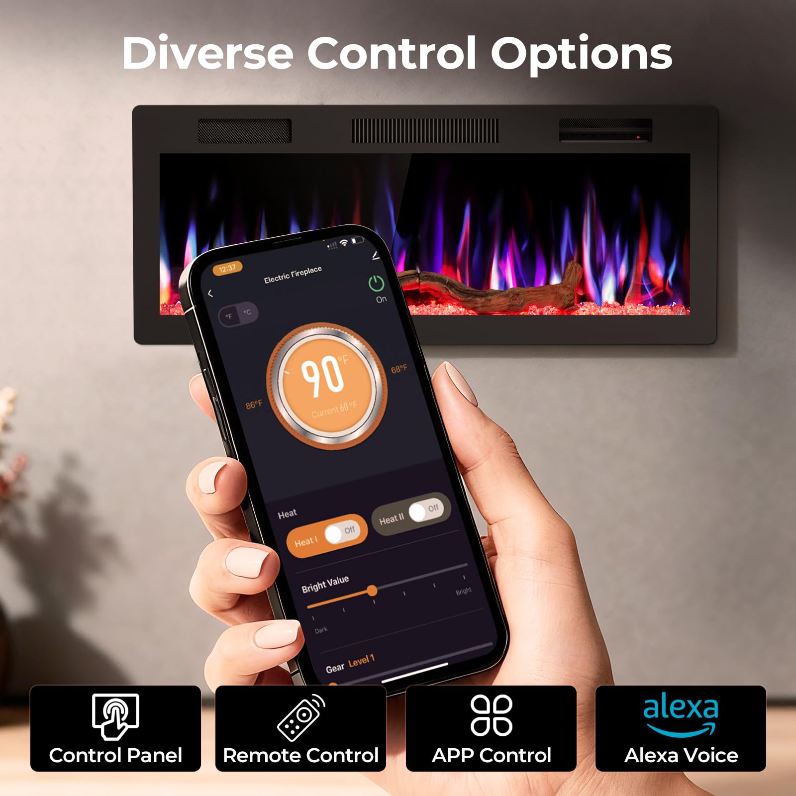 R.W.FLAME 42 Inch Electric Fireplace,Recessed & Wall Mounted Indoor Smart Fireplace Heater,Adjustable Flame Color & Speed,Touch Screen & Remote Control,Low Noise,with Timer,Alexa/WiFi Enabled