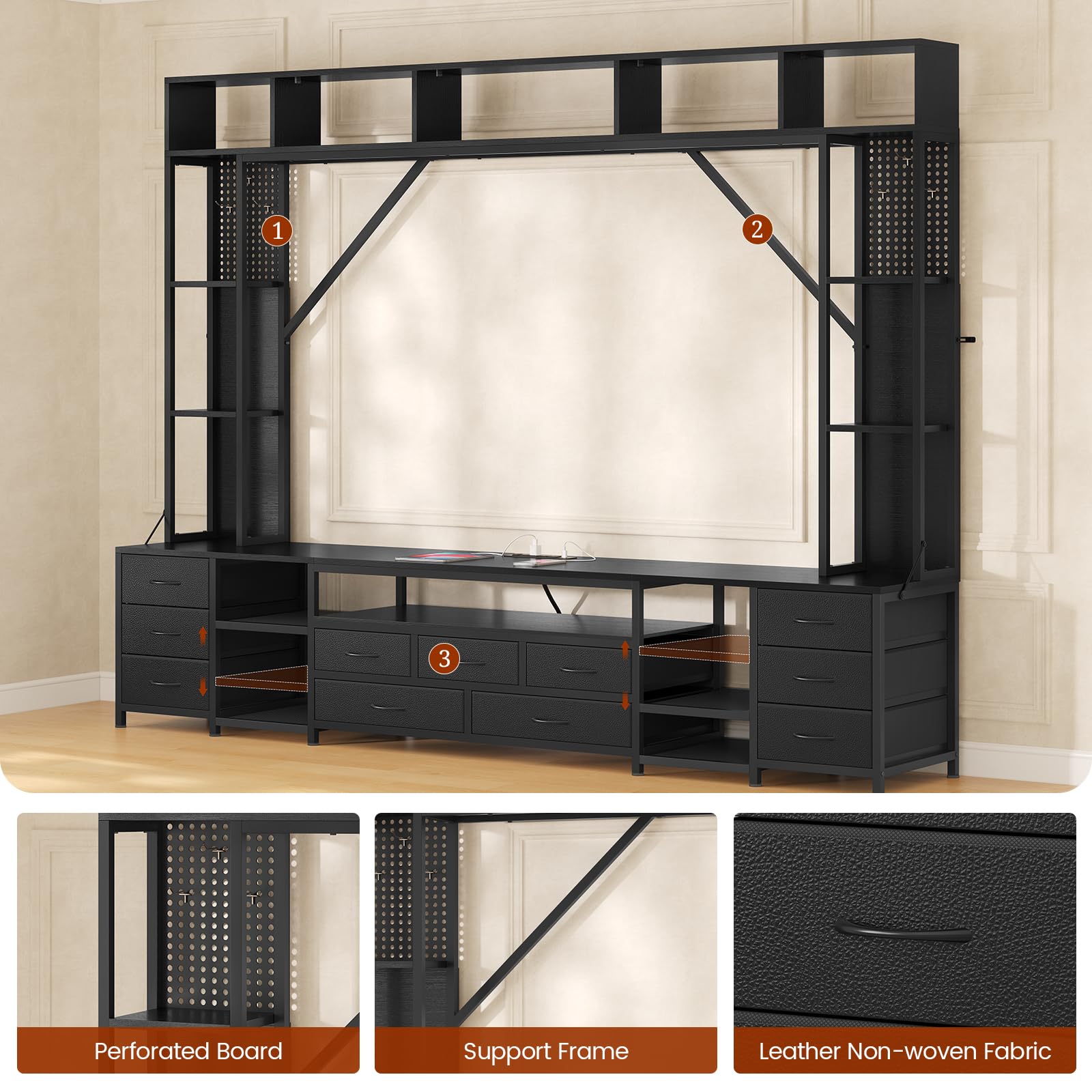 UPOSOJA Large Entertainment Center with 11 Fabric Drawers & LED Lights, Wall Unit TV Stand for Living Room Bookshelves for TVs up to 45"-75", Modern Industrial Style TV Stand