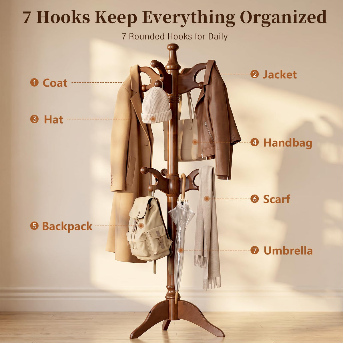 Solid Wood Coat Rack with 7 Hooks