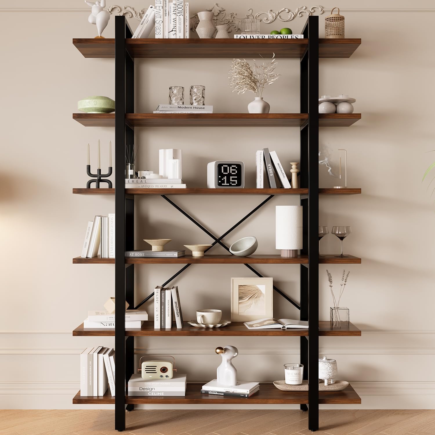 Industrial 6-Tier Bookshelf with Metal Frame
