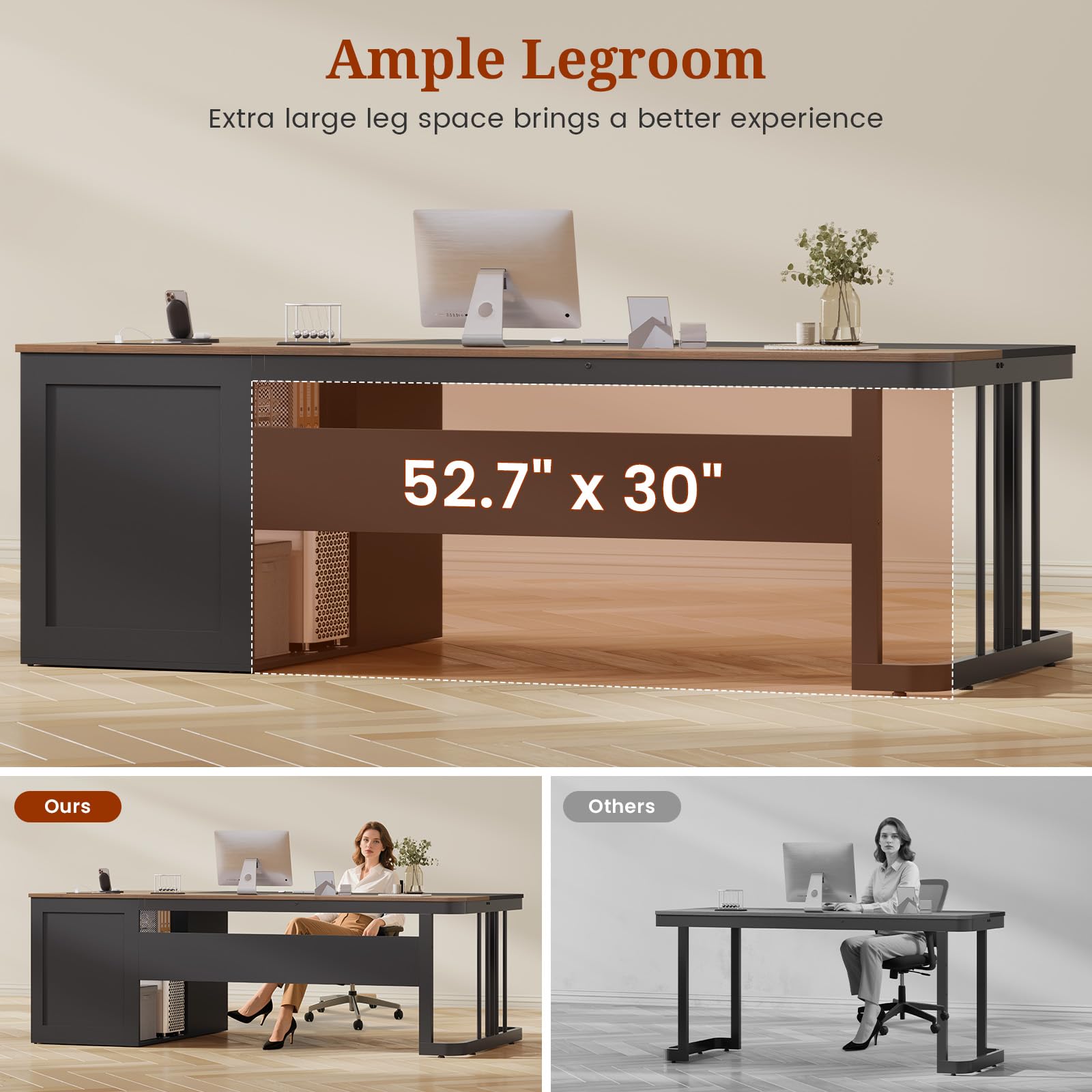 70.9" Executive Desk with Power Outlet, Drawers & File Cabinet