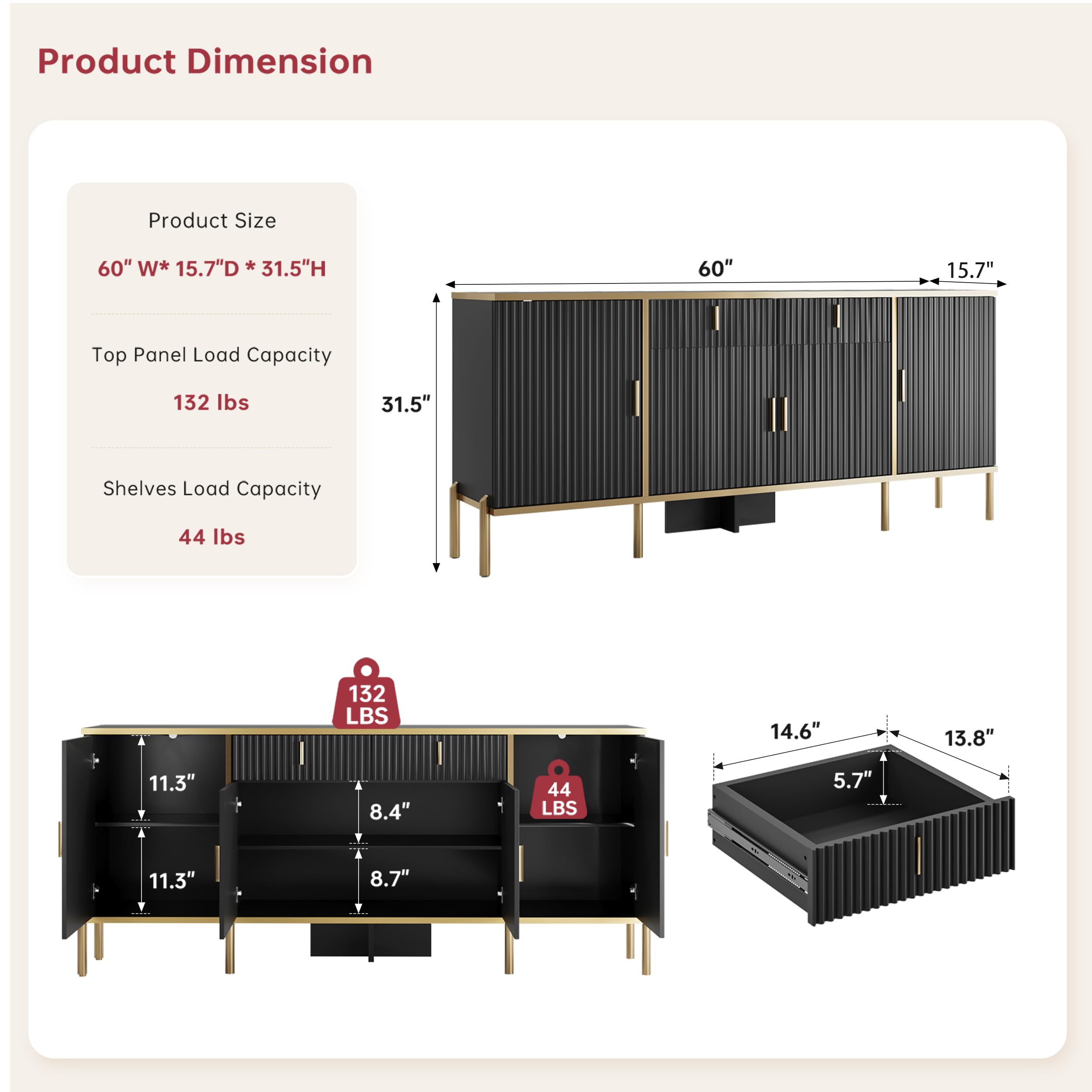 60" Fluted Buffet Cabinet with Storage, Modern Buffets & Sideboard with 2 Drawers, 4 Doors and Adjustable Shelves, Accent Cabinet for Kitchen, Living Room, Hallway, Black