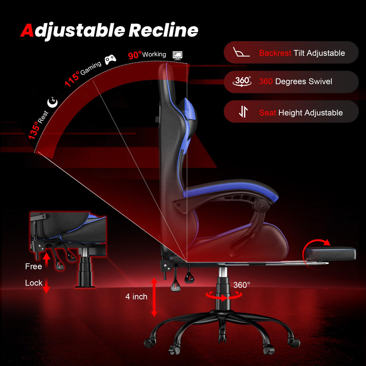 Blue Gaming Chair with Footrest