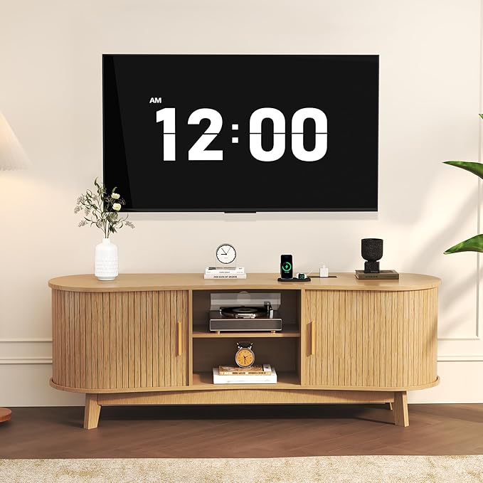 59" Mid-Century TV Stand with Sliding Doors & Power Outlets