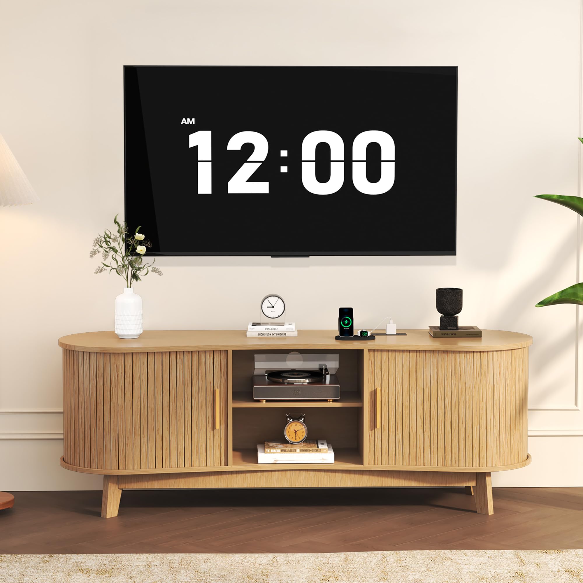 Homiflex Mid Century Modern TV Stand for 65 Inch TVs, Fluted TV Stands with Open Shelves and Sliding Door, Media Cabinet with Power Outlet, Entertainment Center with Storage for Living Room, Natural